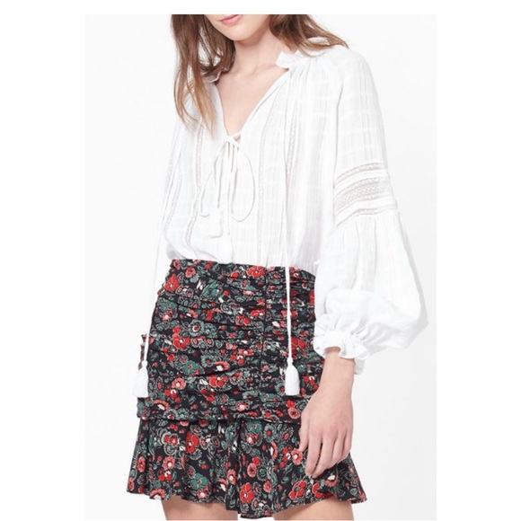 VERONICA BEARD Mini Skirt Black Red Sz 2 Floral Print Ruched Front Zip Chic - Picture 4 of 12